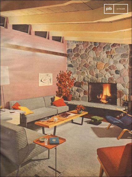 1953 Modern Living Room with Stone Fireplace - scanned spread of Better Homes and Gardens.