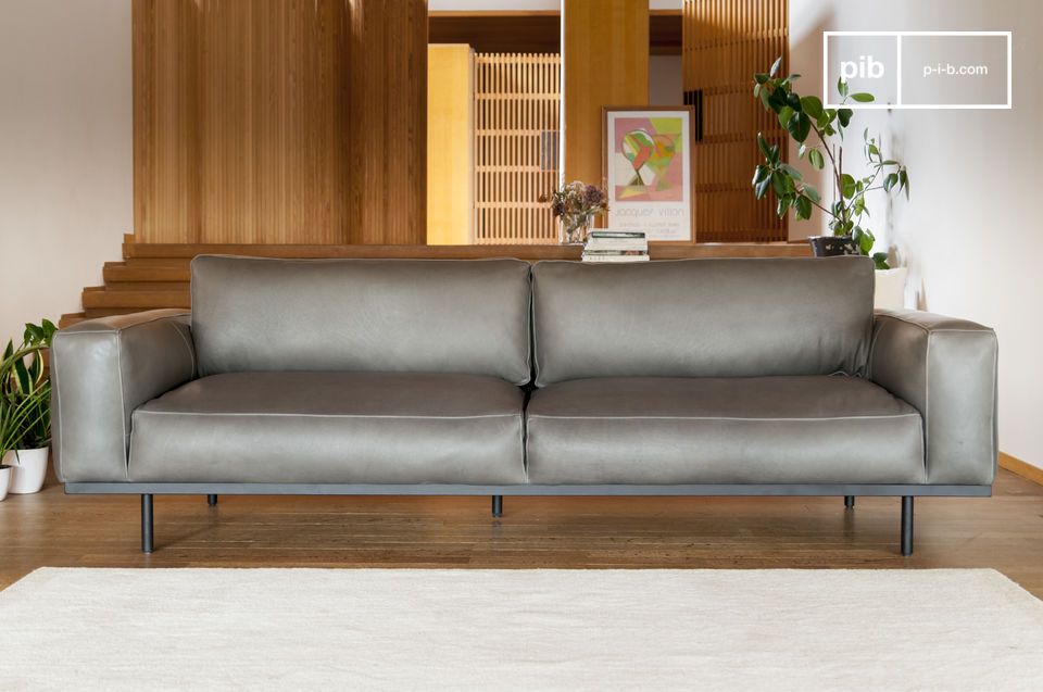 Almond 3 Seater Sofa In Grey Leather, Contemporary Grey Leather Sofa