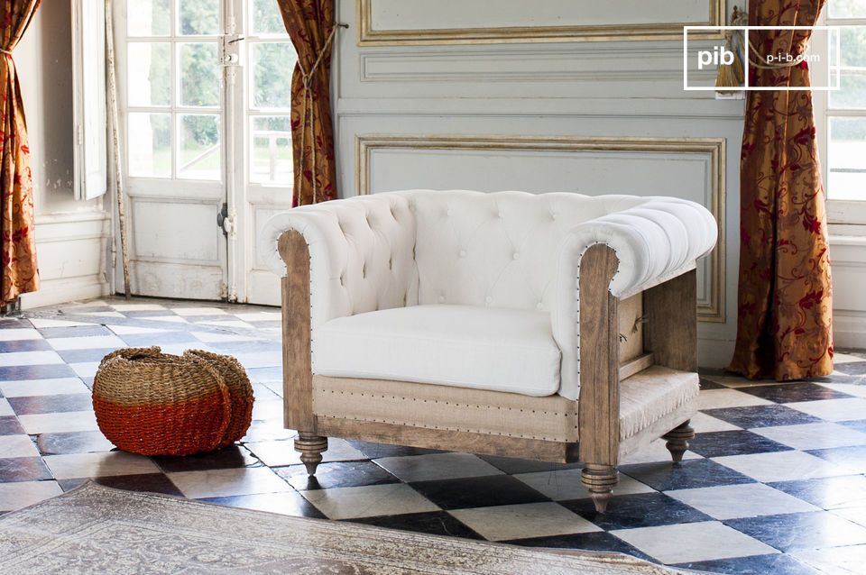 The linen and wood armchair has a certain charm.
