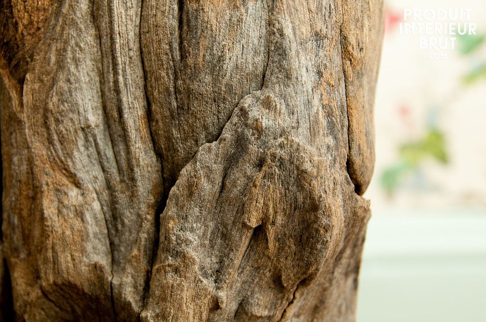 The deep wood grain and thick creamy white linen shade create a fine piece of boho chic lighting