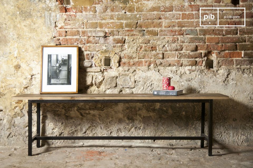 Nice solid wood bench with black metal legs.