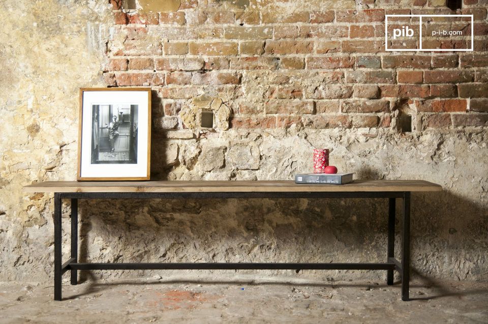 Nice solid wood bench with black metal legs.