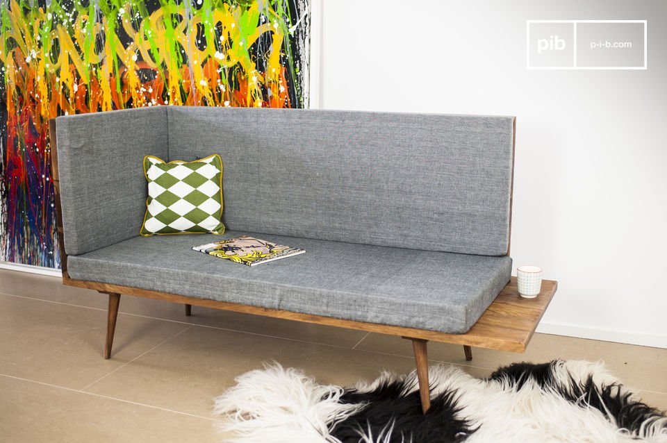 Beautiful corner bench with grey fabric and light wood.