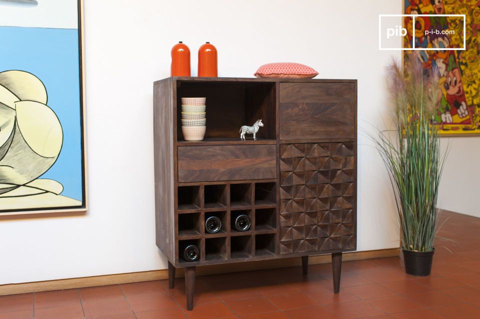 The shelf has a space to store wine bottles.