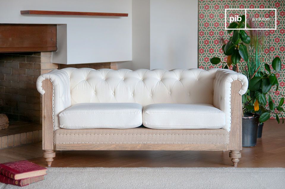 Ecru linen and cotton 2-seater chesterfield sofa Montaigu
