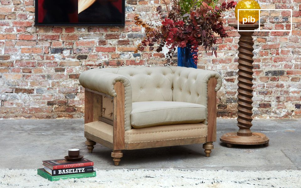 Almond linen and cotton Chesterfield armchair Montaigu