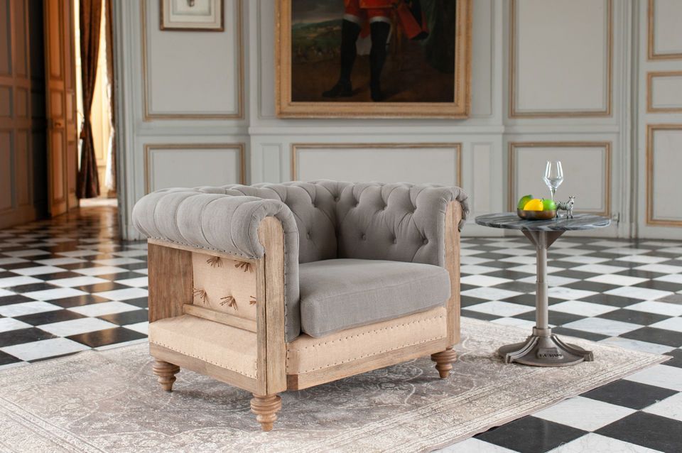 Gray linen and cotton Chesterfield armchair Montaigu