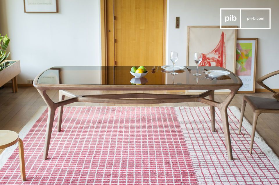 Ash wood table with smoked tempered glass top.