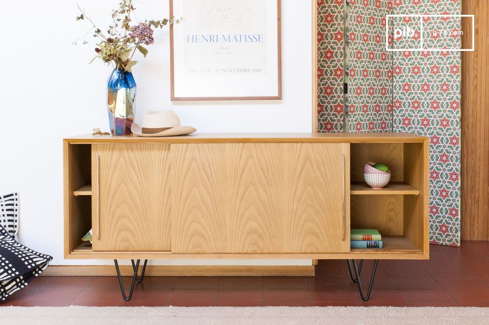 Nice buffet in light oak with a black metal base.