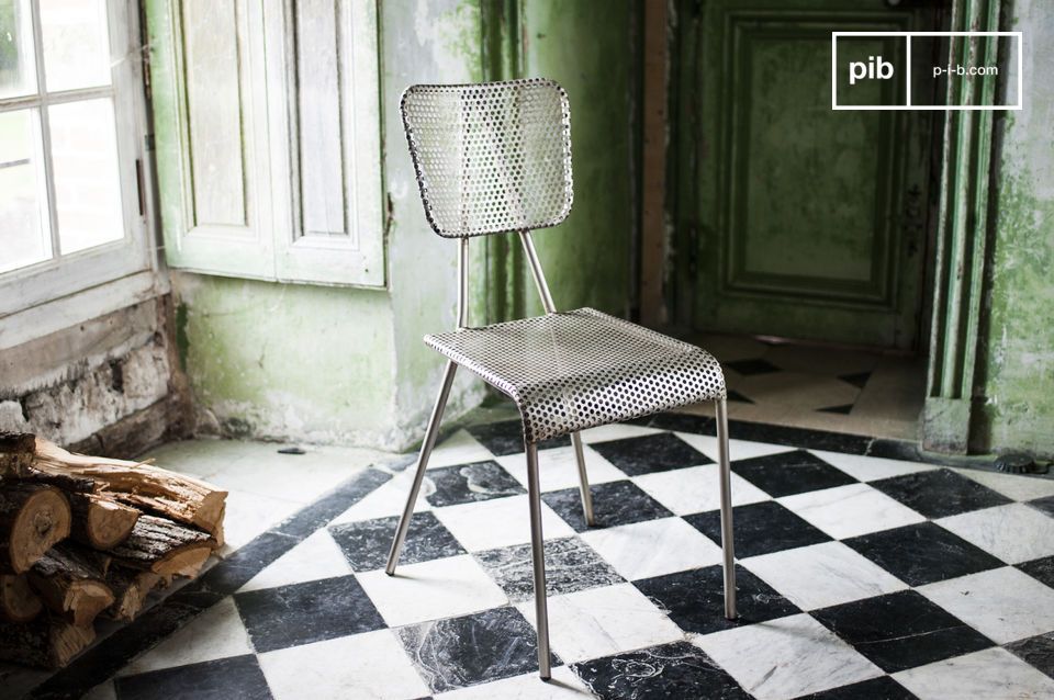 Perforated metal chair with straight lines for a graphic look.
