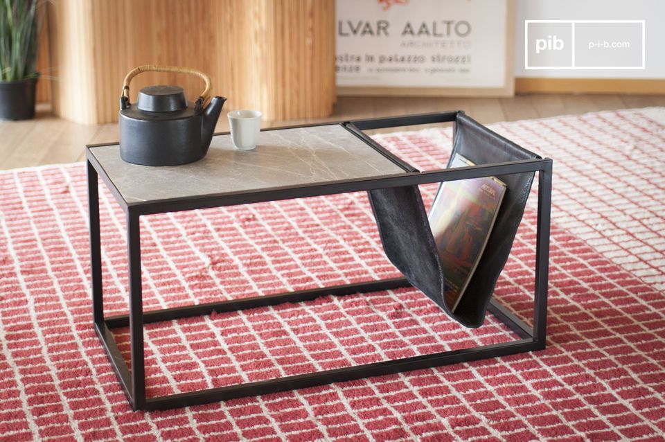 Superb table combining stone, marble, metal and leather.