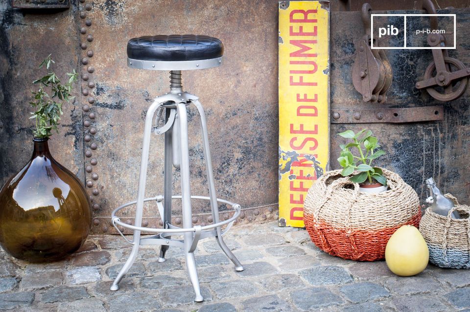 Elegant high stool in white metal and black leather.