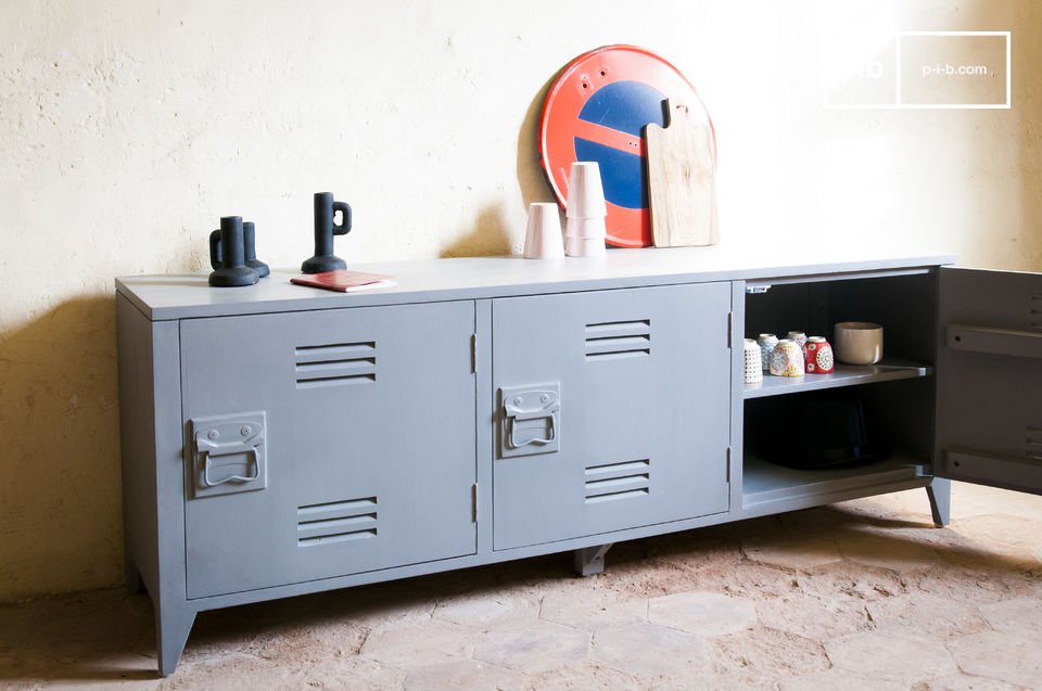 The locker with its industrial look is reminiscent of school lockers.