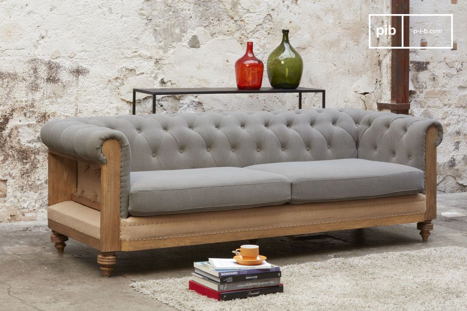 A magnificent Chesterfield sofa in jute fabric with an apparent structure