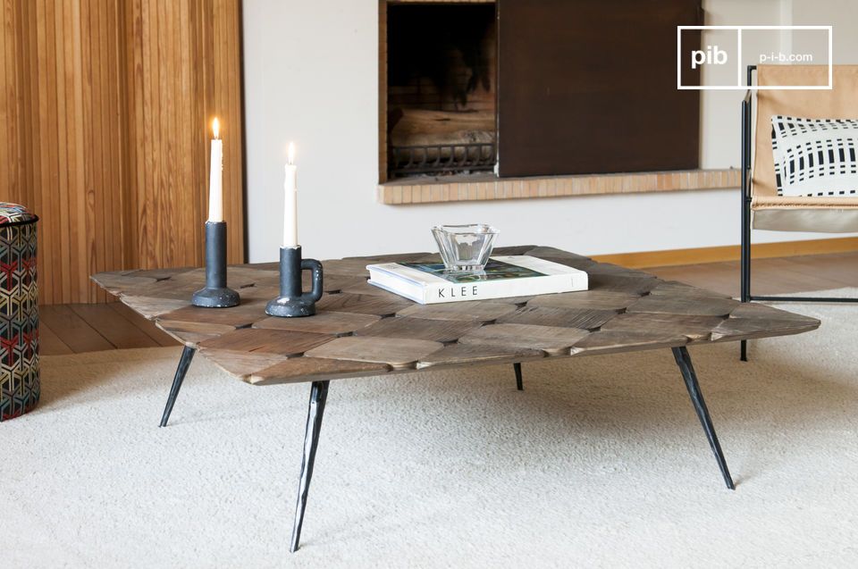 A large coffee table made of beautiful wooden checkers.