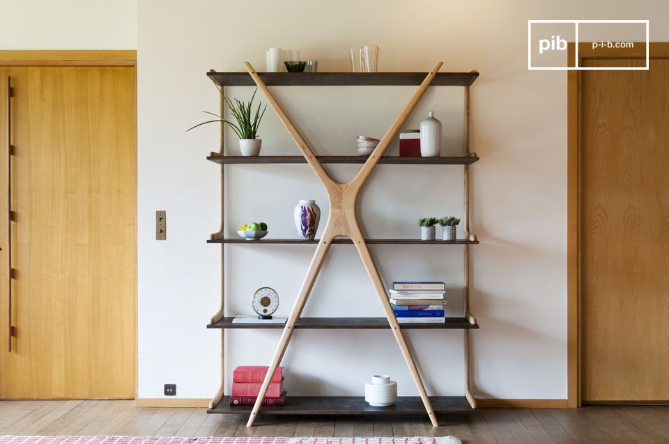 The originality of a large wooden bookcase with suspended tops