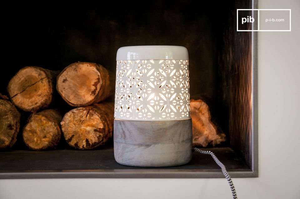 Nice grey wooden lamp and beige metal shade.