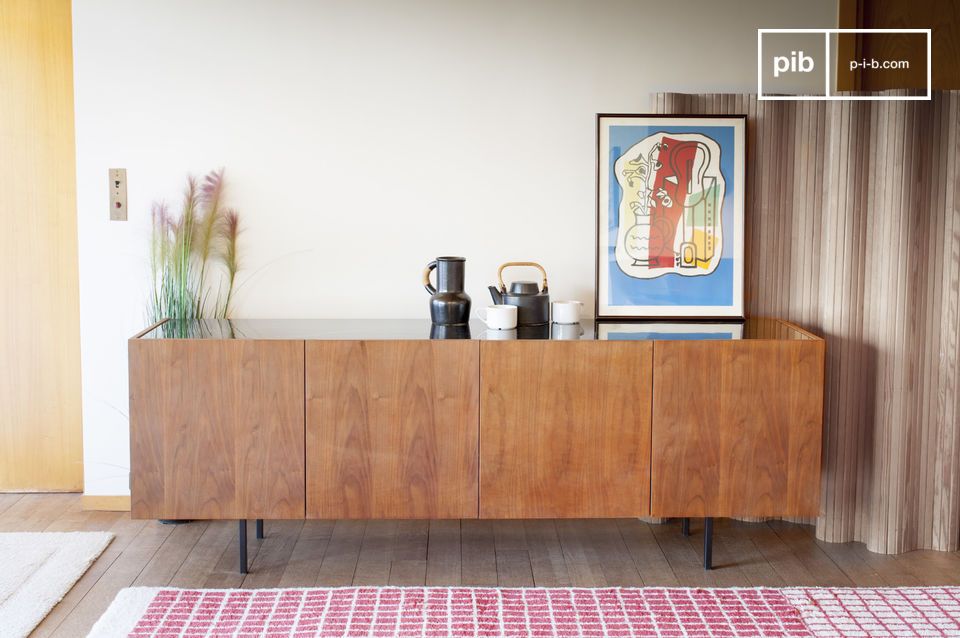 Buffet combining teak wood and black marble with white veins.