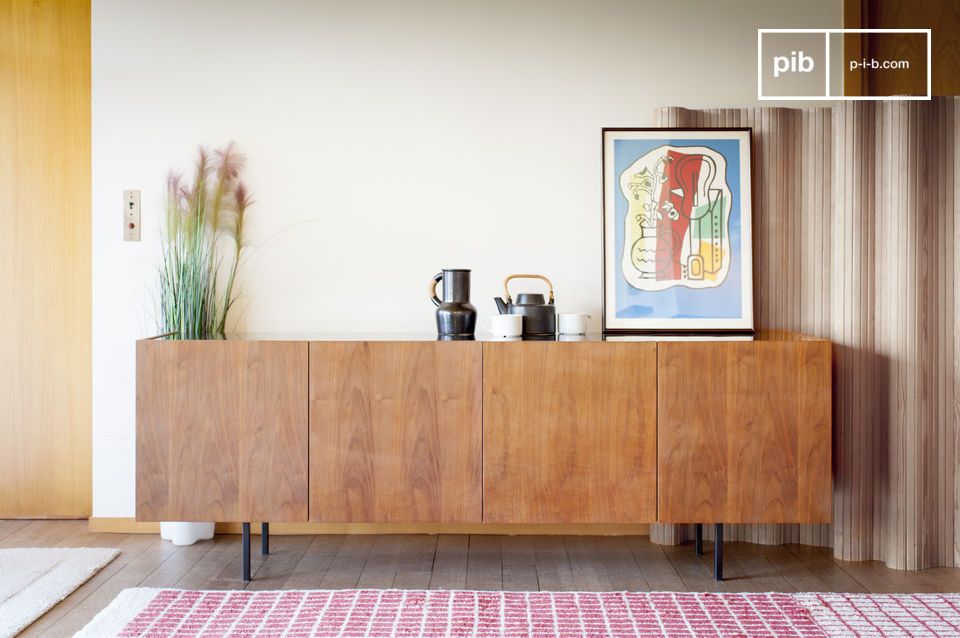 Very large wooden sideboard mounted on square metal legs.