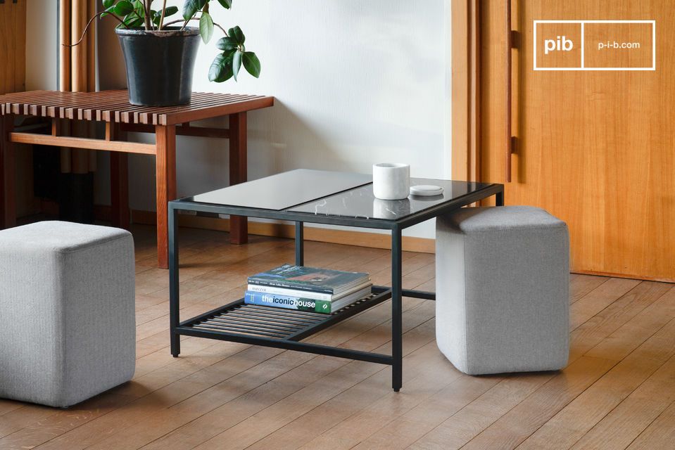Beautiful coffee table in international style with built-in poufs.