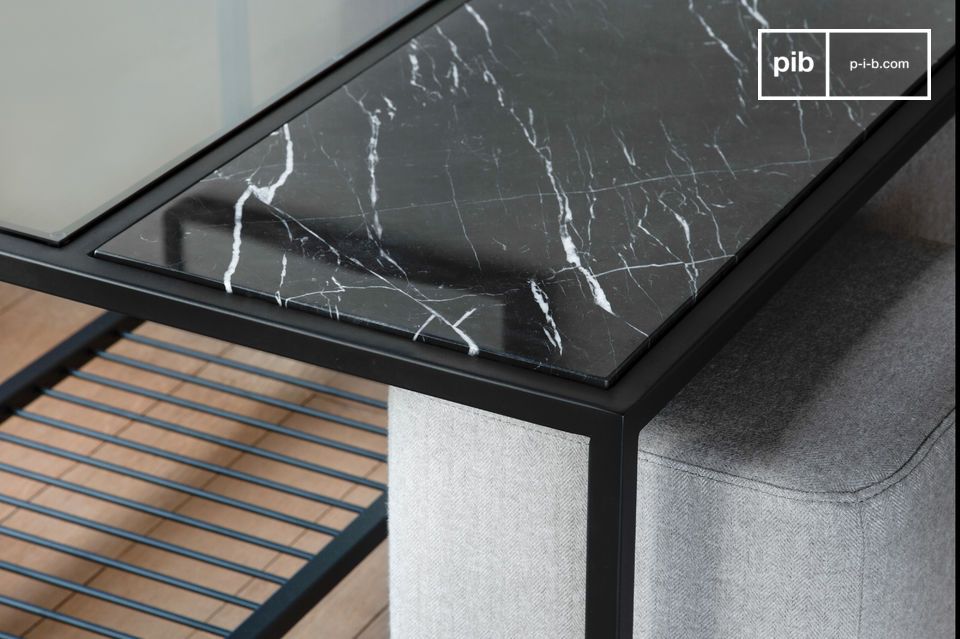 Sublime marriage of black marble top and smoked glass.