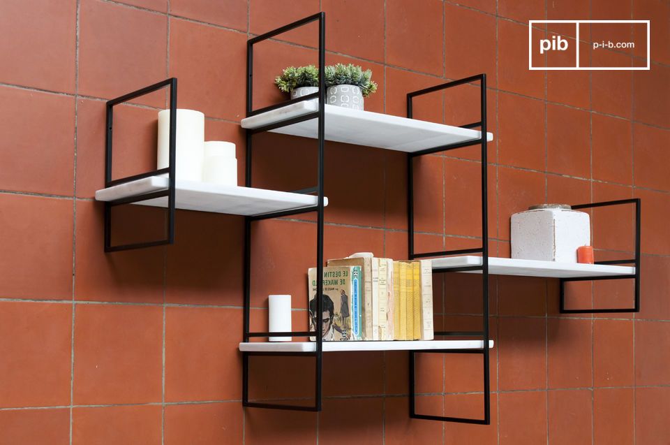 Elegant Scandinavian modular shelf in black metal and white marble.