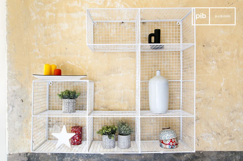 A beautiful white wire mesh wall library.