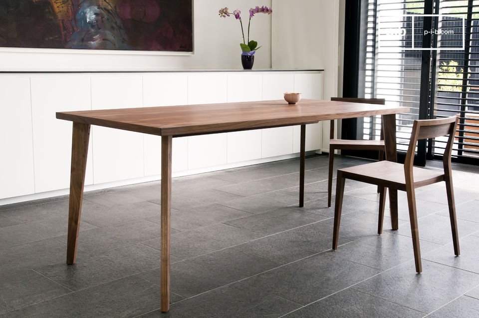 The walnut table is inspired by Scandinavian design.