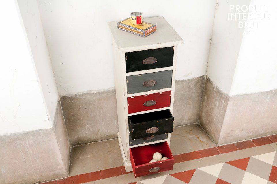 This colourful chest of drawers has a distinctive shabby chic style