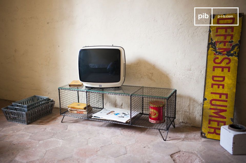 The TV cabinet has a beautiful industrial design.