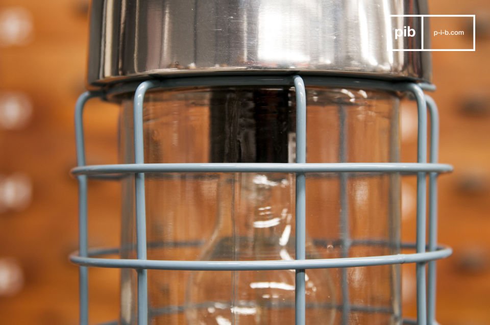 Mesh lampshade with visible bulb.