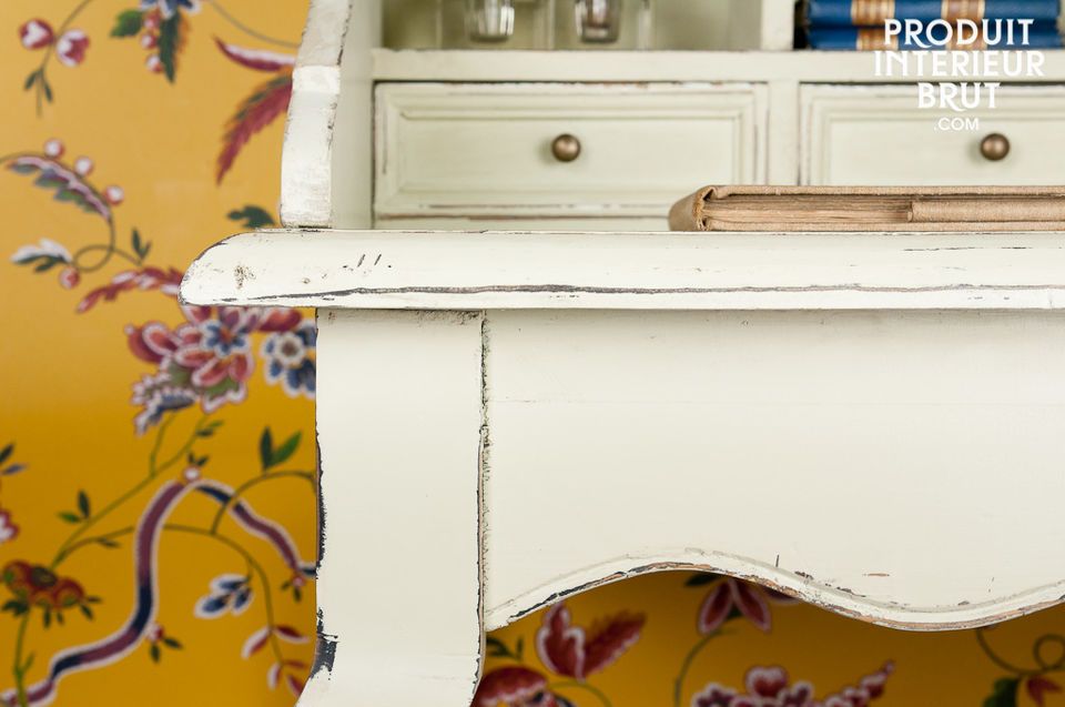 This writing desk is made entirely out of distressed cream solid pine, with wonderful curves