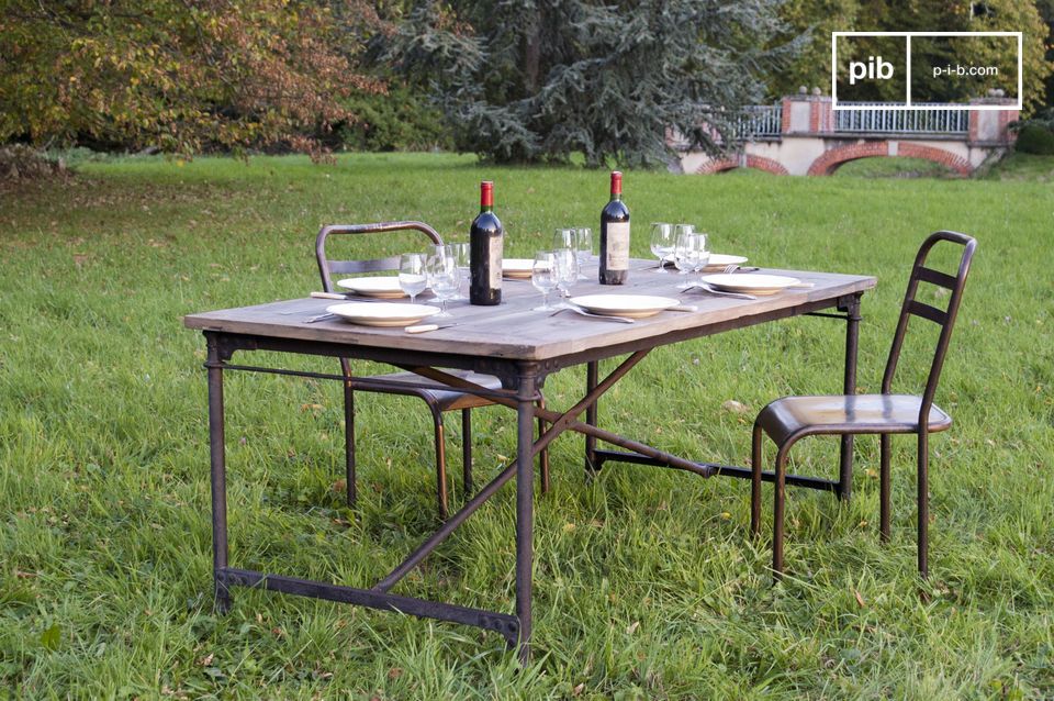 A welcoming metal wooden table with a unique charm.