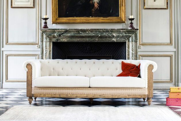 Large ecru linen and cotton chesterfield sofa Montaigu
