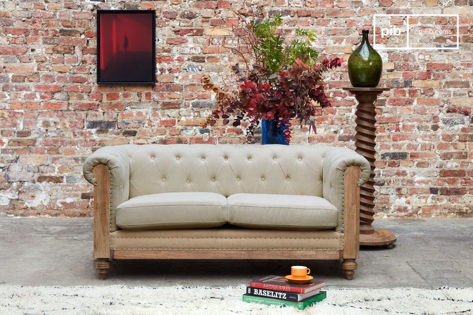 Almond linen and cotton 2-seater Chesterfield sofa Montaigu