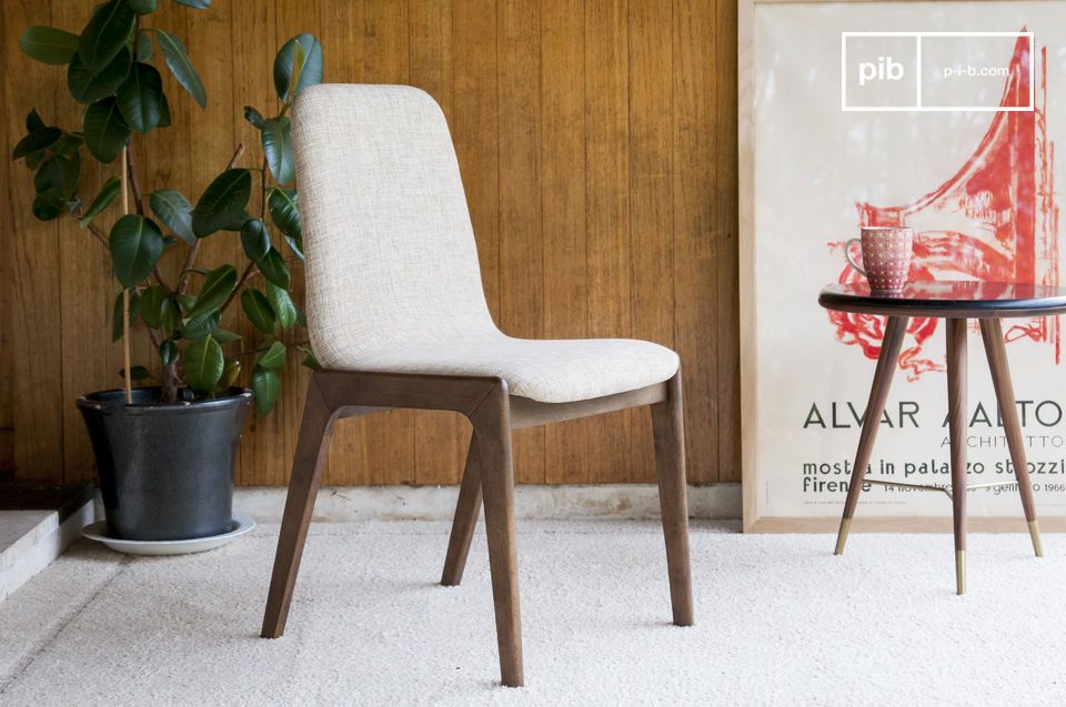 Elegant chair in light grey and dark wood.