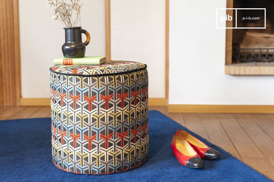 Nice graphic footstool with colorful patterns.