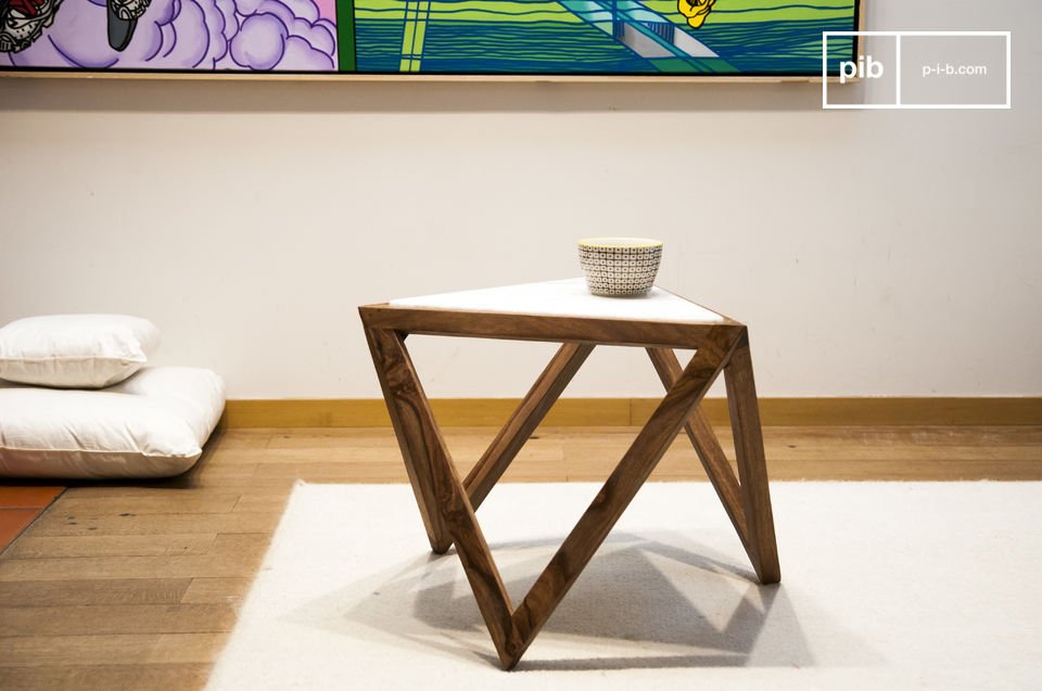 Beautiful triangular table in wood and white marble.