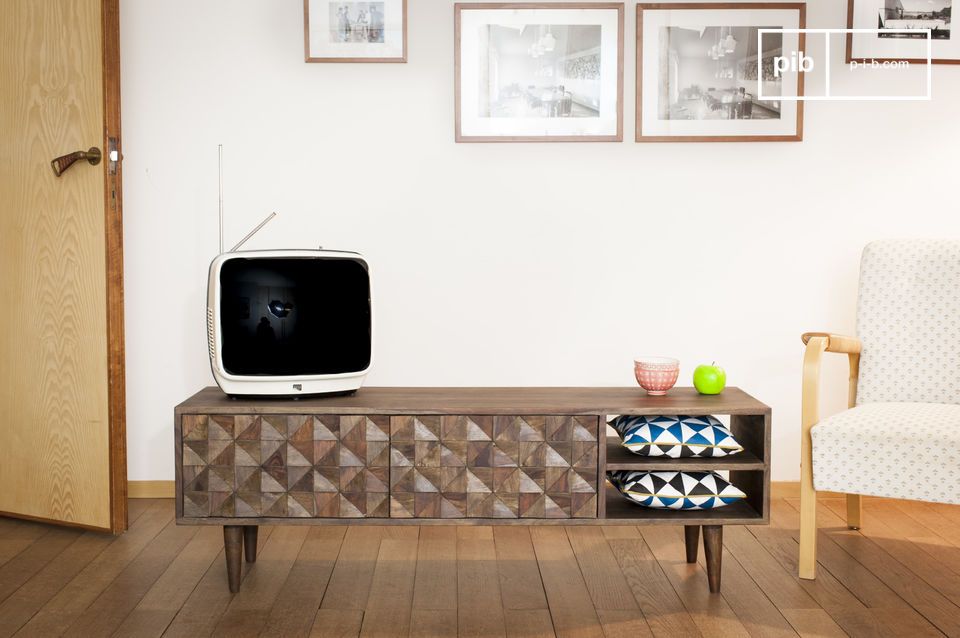 A beautiful TV cabinet with geometric reliefs.