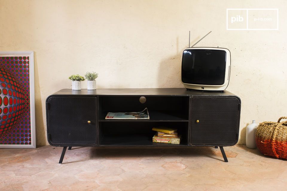 Elegant TV cabinet in black metal with gold handles.