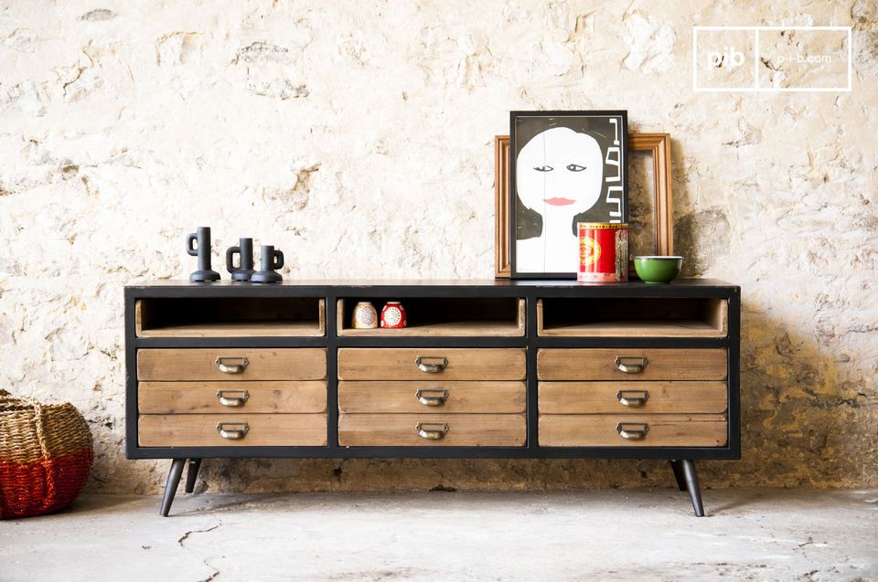 Large industrial design buffet with 9 drawers.