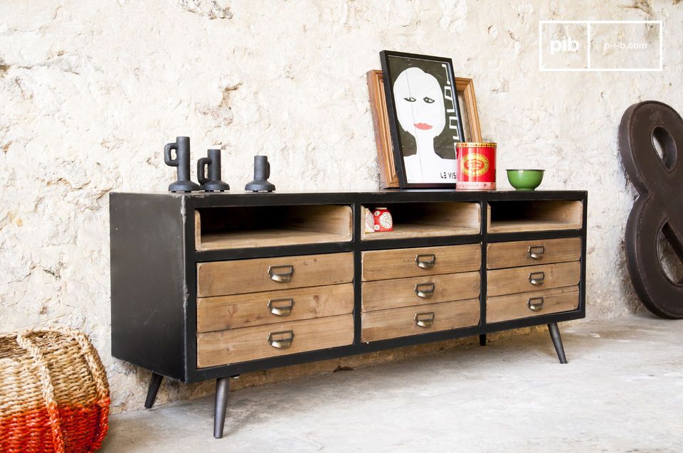 Spacious and charming wooden buffet with a black structure.