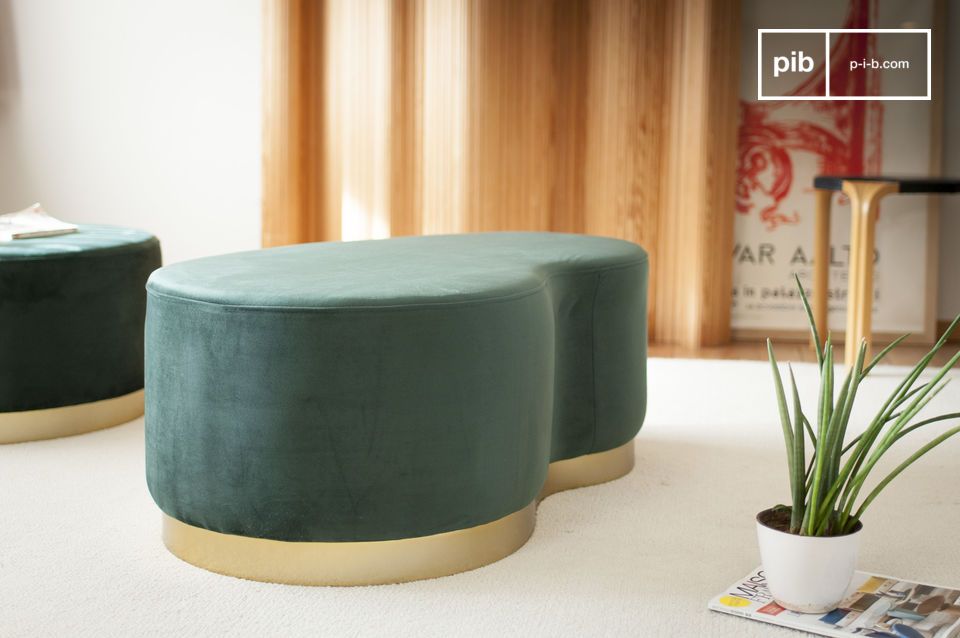 Elegant two-seater footstool in green and gold with a bean shape in the Art Deco spirit.