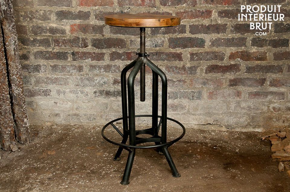 This bar stool has a wooden seat and mat black metal leg frame