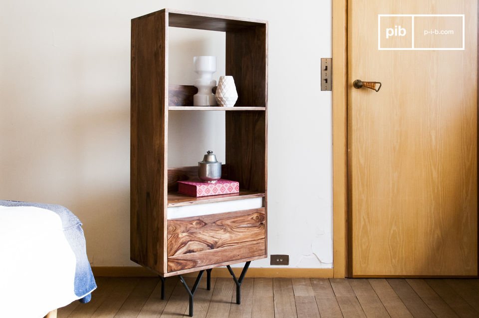 Beautiful wooden shelf, white marble and dark metal.