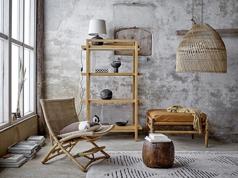 Wooden side tables, bamboo chairs and rattan hanging lamps