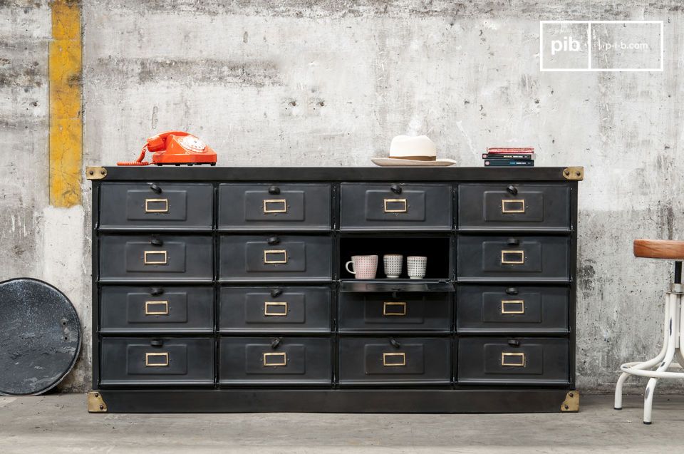Large metal counter with 16 storage spaces.